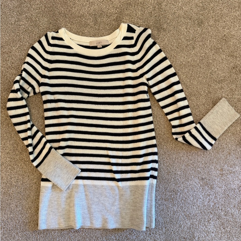 LOFT Cream and Navy Striped Knit Sweater